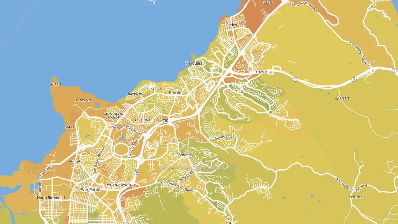 Map of the best neighborhoods in the Pinole area, with better matches in green and worse matches in red