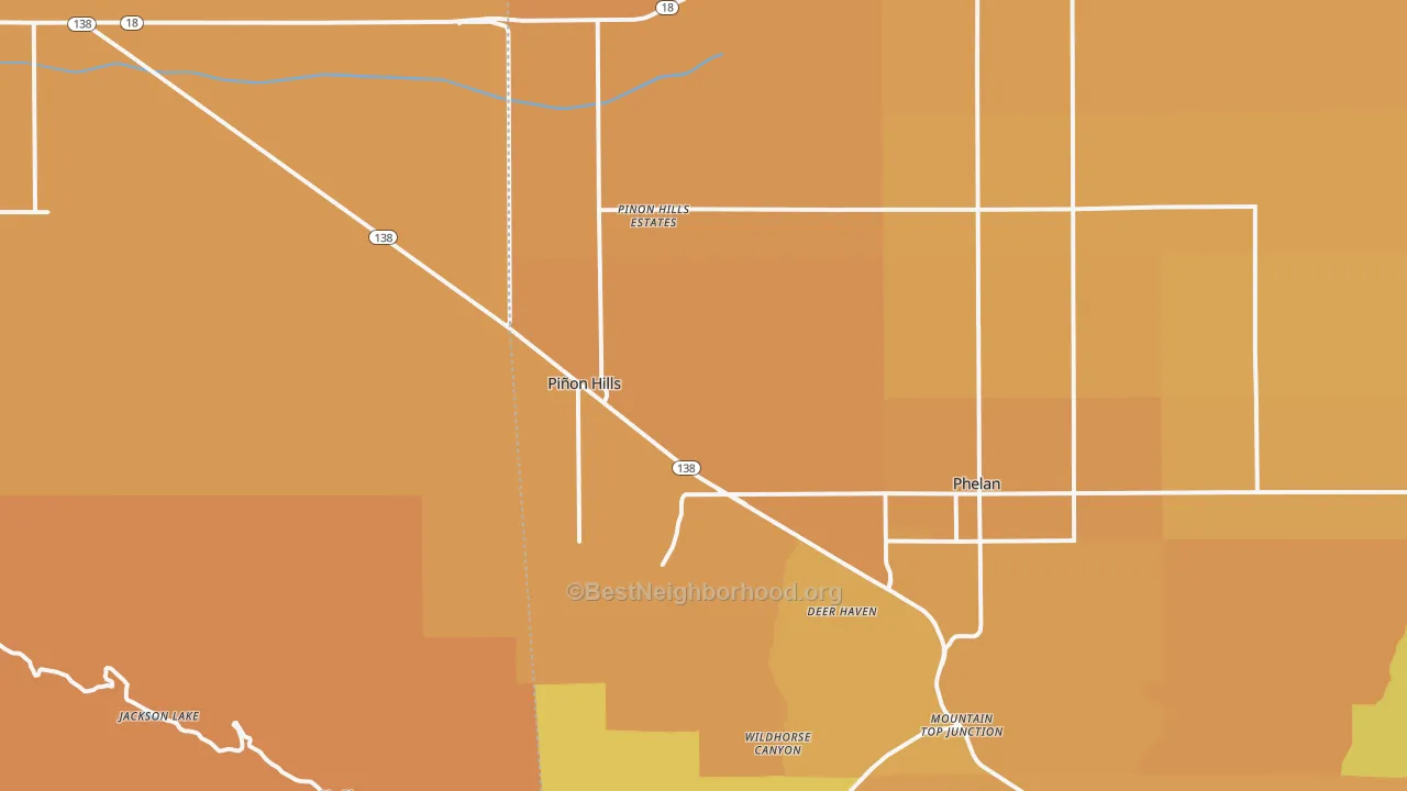 Map of the best neighborhoods in the Pinon Hills area, with better matches in green and worse matches in red