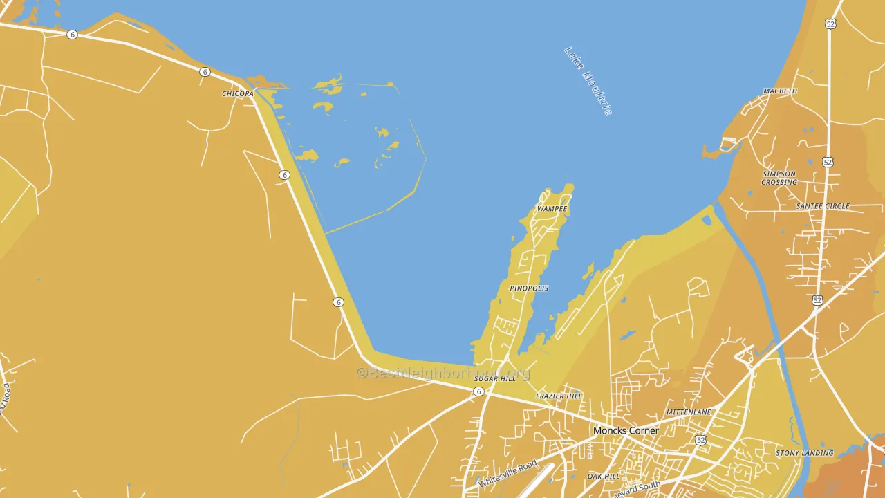 Map of the best neighborhoods in the Pinopolis area, with better matches in green and worse matches in red