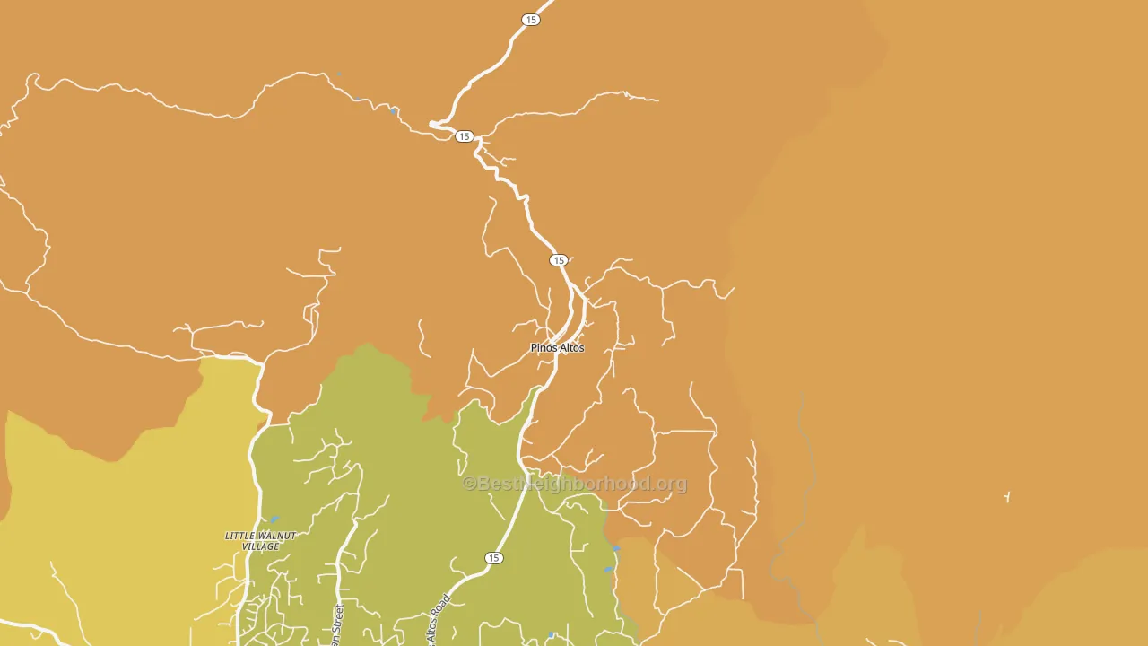 Map of the best neighborhoods in the Pinos Altos area, with better matches in green and worse matches in red