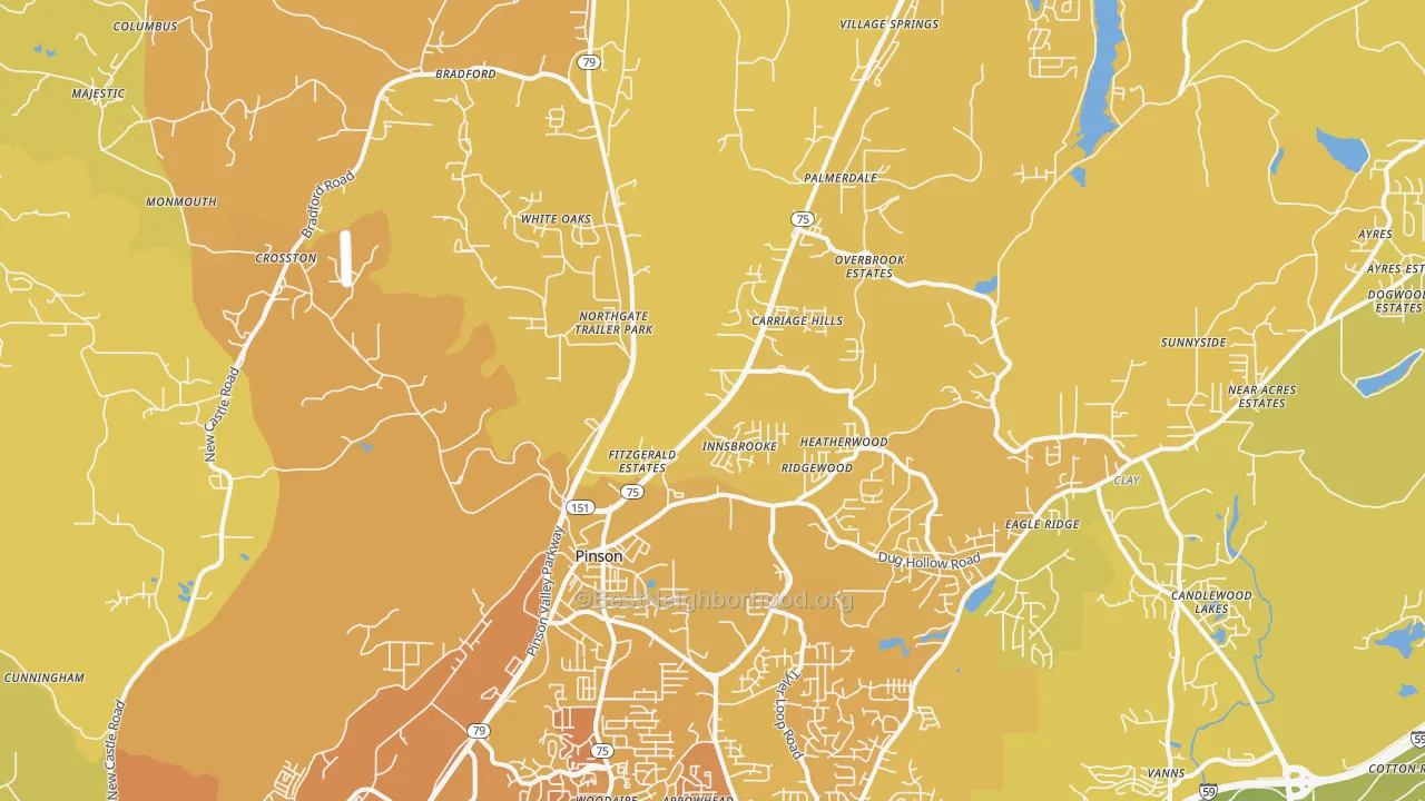 Map of the best neighborhoods in the Pinson area, with better matches in green and worse matches in red
