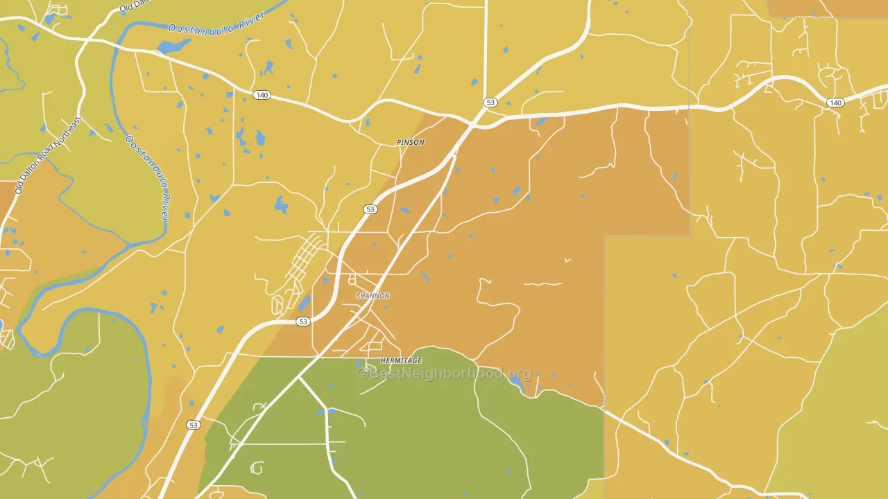 Map of the best neighborhoods in the Pinson area, with better matches in green and worse matches in red