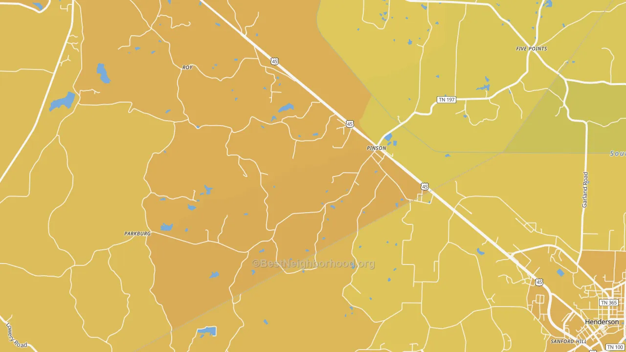 Map of the best neighborhoods in the Pinson area, with better matches in green and worse matches in red
