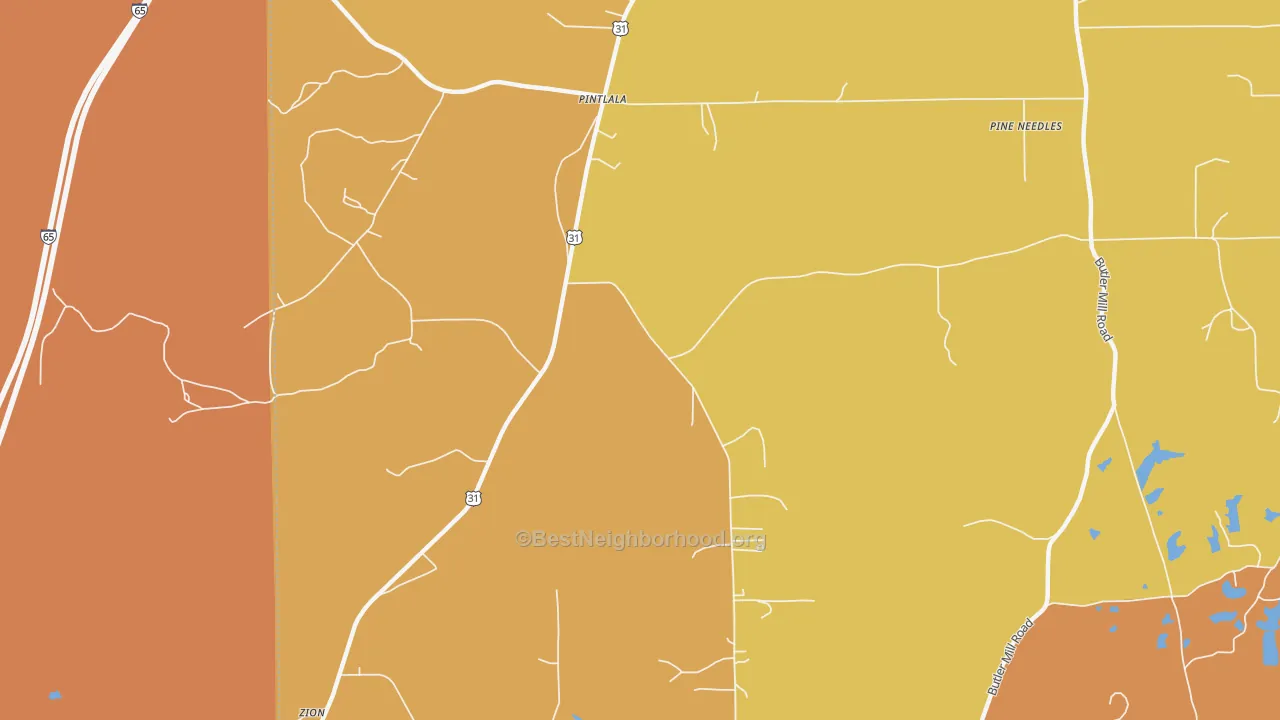 Map of the best neighborhoods in the Pintlala area, with better matches in green and worse matches in red