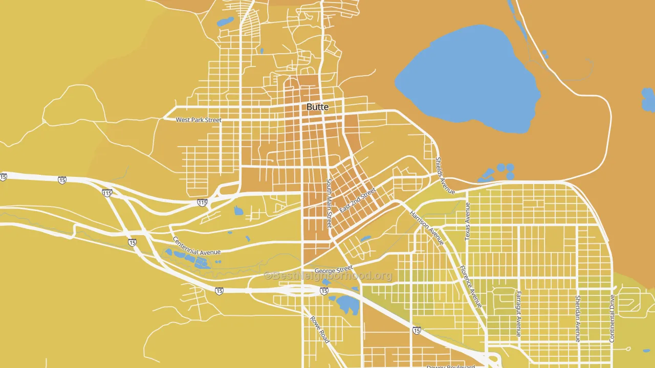 Map of the best neighborhoods in the Pioneer, Butte area, with better matches in green and worse matches in red