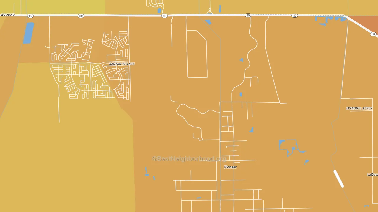 Map of the best neighborhoods in the Pioneer area, with better matches in green and worse matches in red