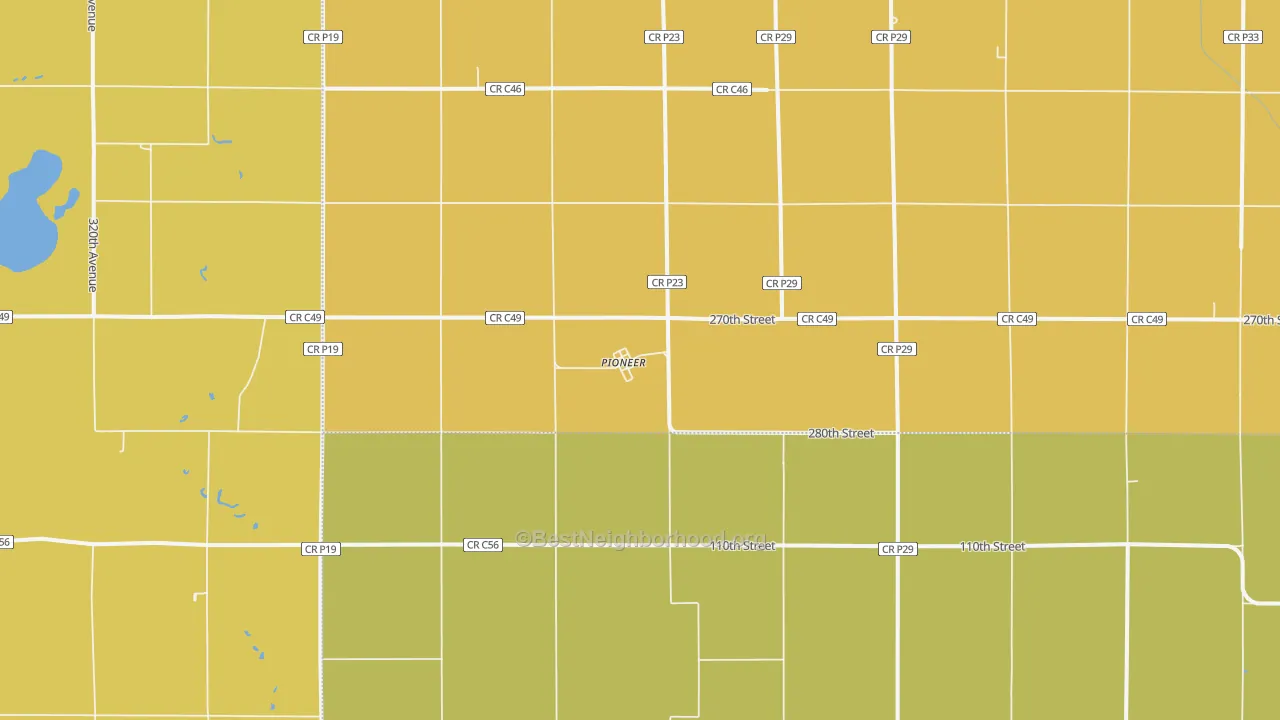 Map of the best neighborhoods in the Pioneer area, with better matches in green and worse matches in red