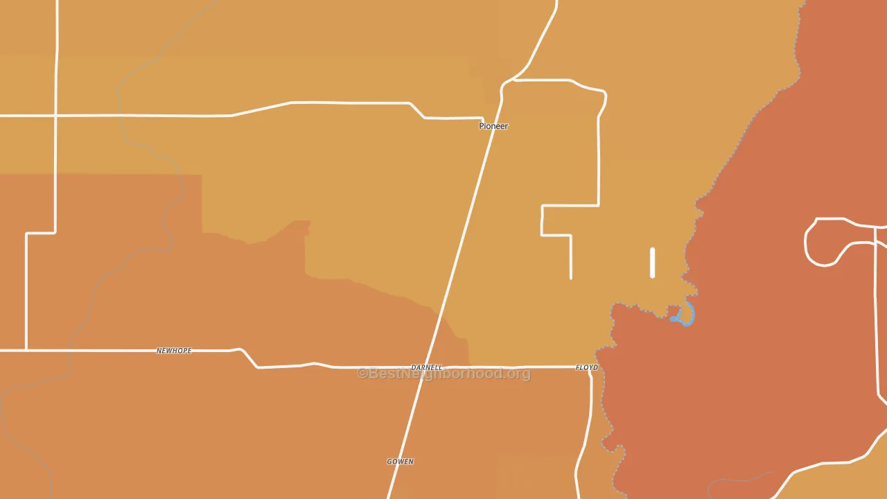 Map of the best neighborhoods in the Pioneer area, with better matches in green and worse matches in red
