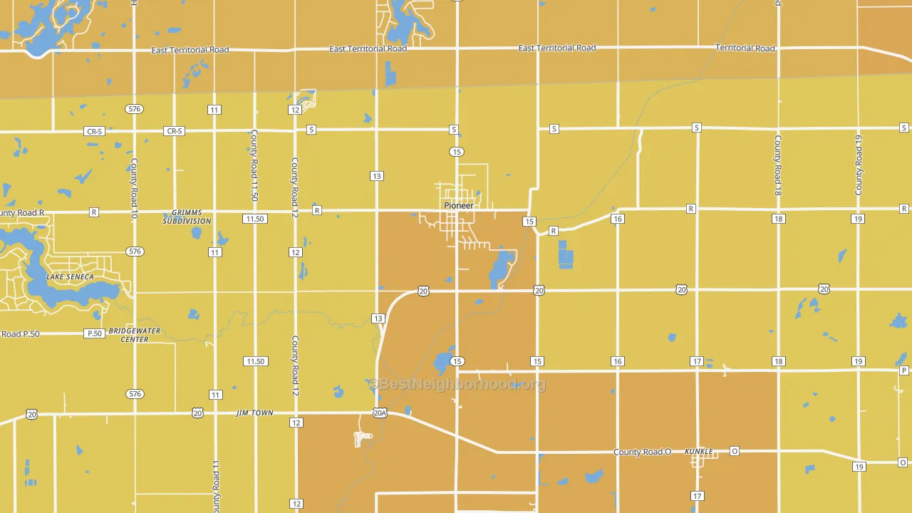 Map of the best neighborhoods in the Pioneer area, with better matches in green and worse matches in red