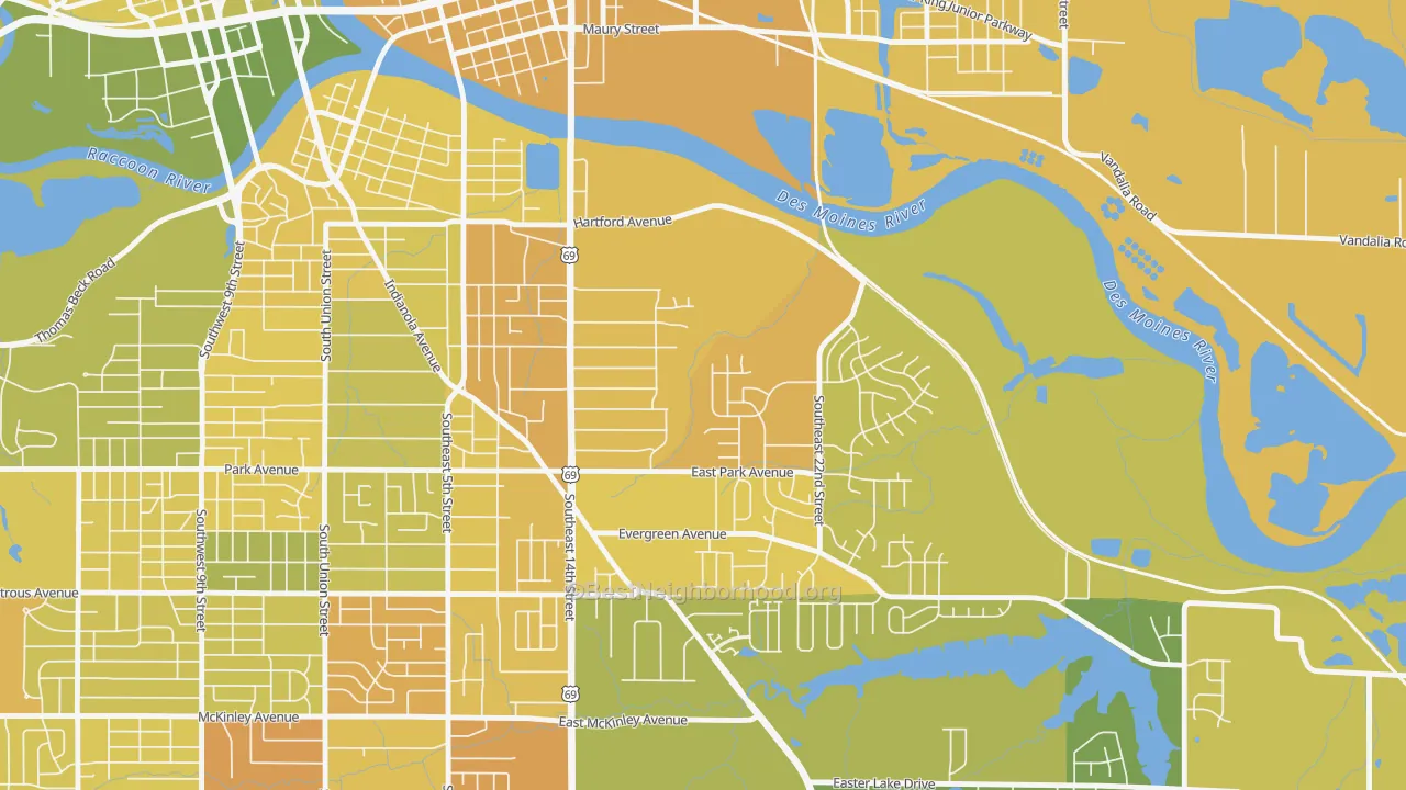 Map of the best neighborhoods in the Pioneer Park, Des Moines area, with better matches in green and worse matches in red