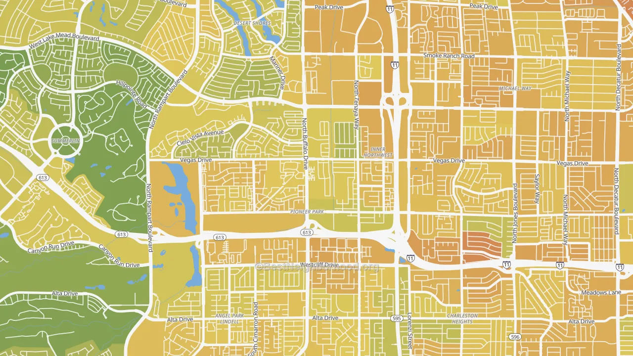 Map of the best neighborhoods in the Pioneer Park, Las Vegas area, with better matches in green and worse matches in red