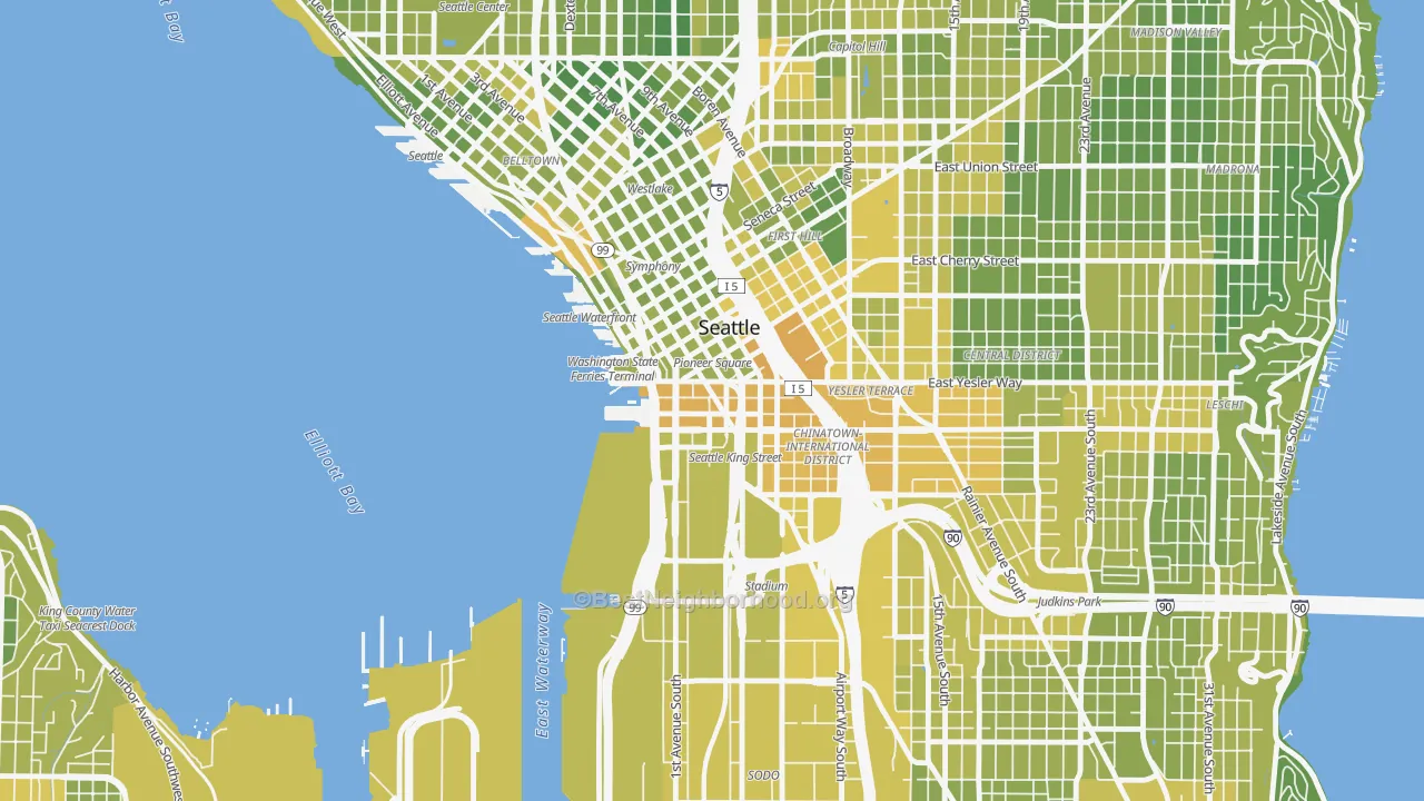 Map of the best neighborhoods in the Pioneer Square, Seattle area, with better matches in green and worse matches in red