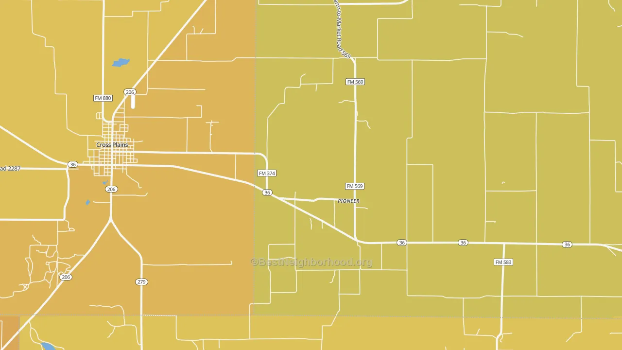Map of the best neighborhoods in the Pioneer area, with better matches in green and worse matches in red