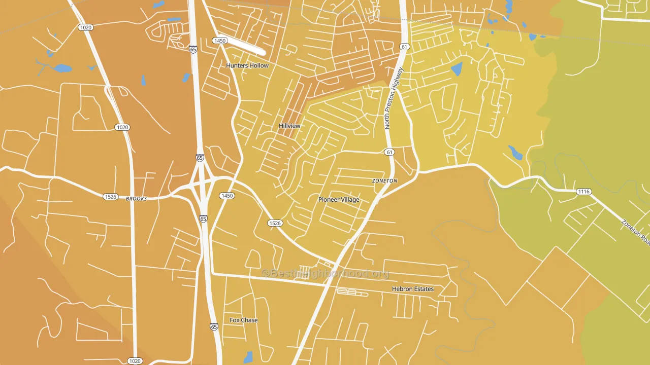 Map of the best neighborhoods in the Pioneer Village area, with better matches in green and worse matches in red