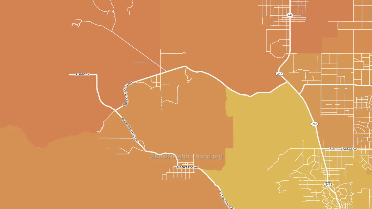 Map of the best neighborhoods in the Pioneertown area, with better matches in green and worse matches in red
