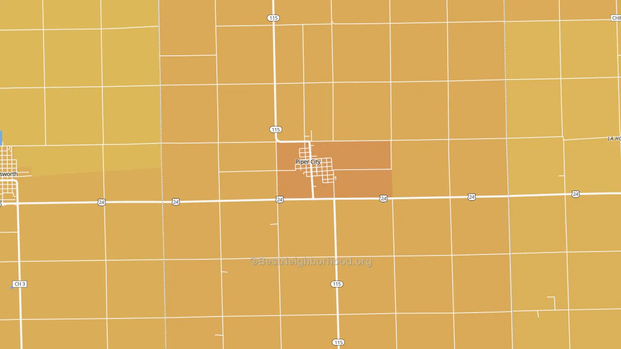 Map of the best neighborhoods in the Piper City area, with better matches in green and worse matches in red