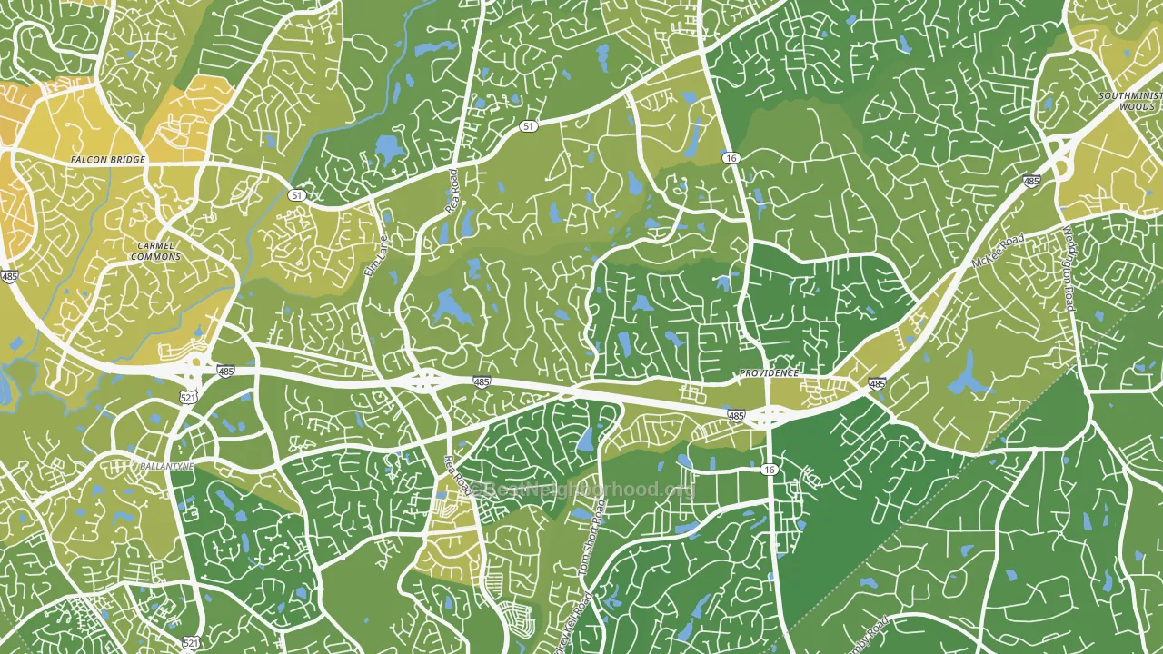 Map of the best neighborhoods in the Piper Glen Estates, Charlotte area, with better matches in green and worse matches in red