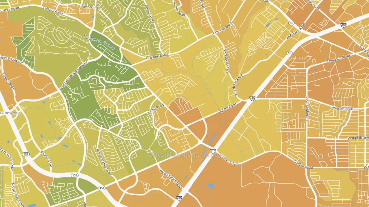 Map of the best neighborhoods in the Pipers Meadow, San Antonio area, with better matches in green and worse matches in red