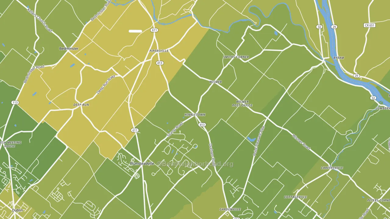 Map of the best neighborhoods in the Pipersville area, with better matches in green and worse matches in red