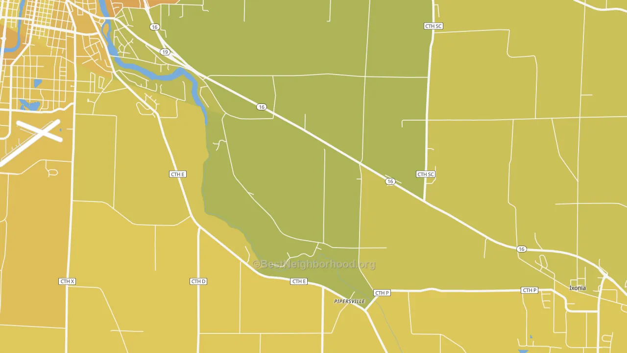 Map of the best neighborhoods in the Pipersville area, with better matches in green and worse matches in red
