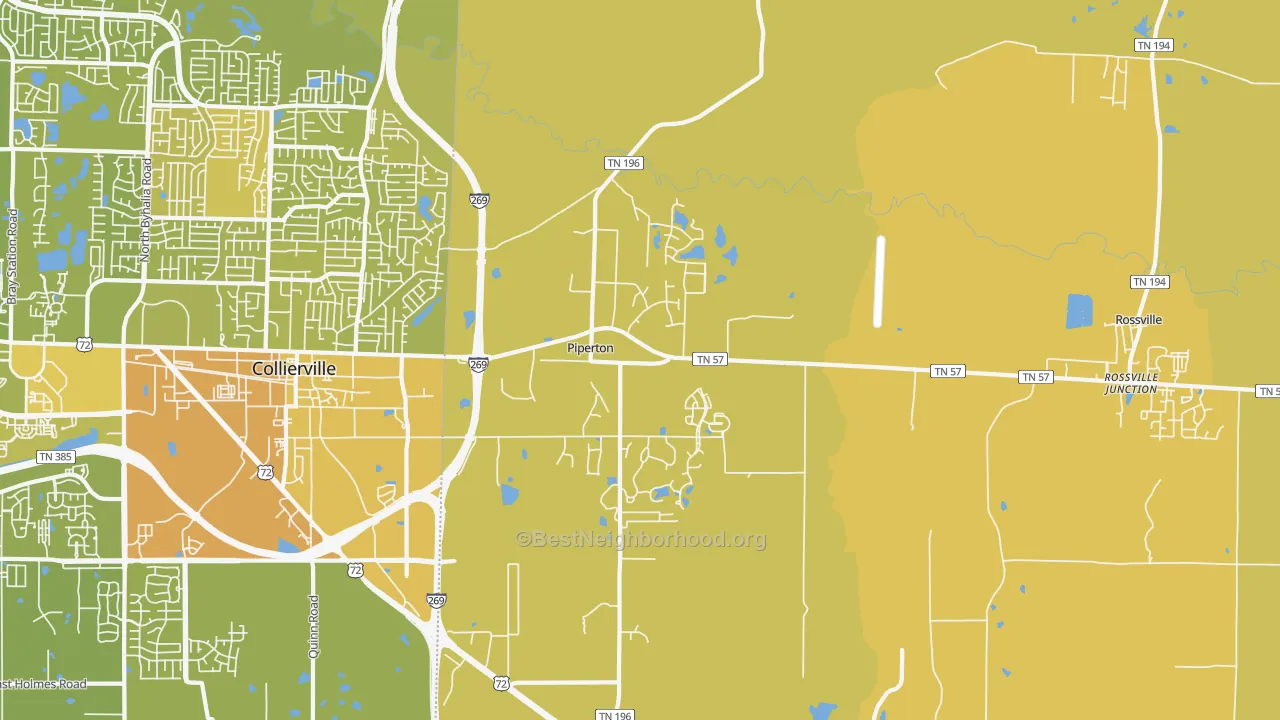 Map of the best neighborhoods in the Piperton area, with better matches in green and worse matches in red