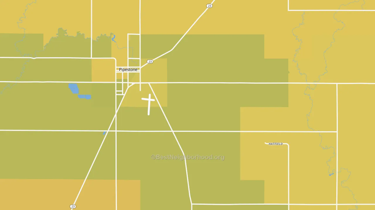 Map of the best neighborhoods in the Pipestone County area, with better matches in green and worse matches in red