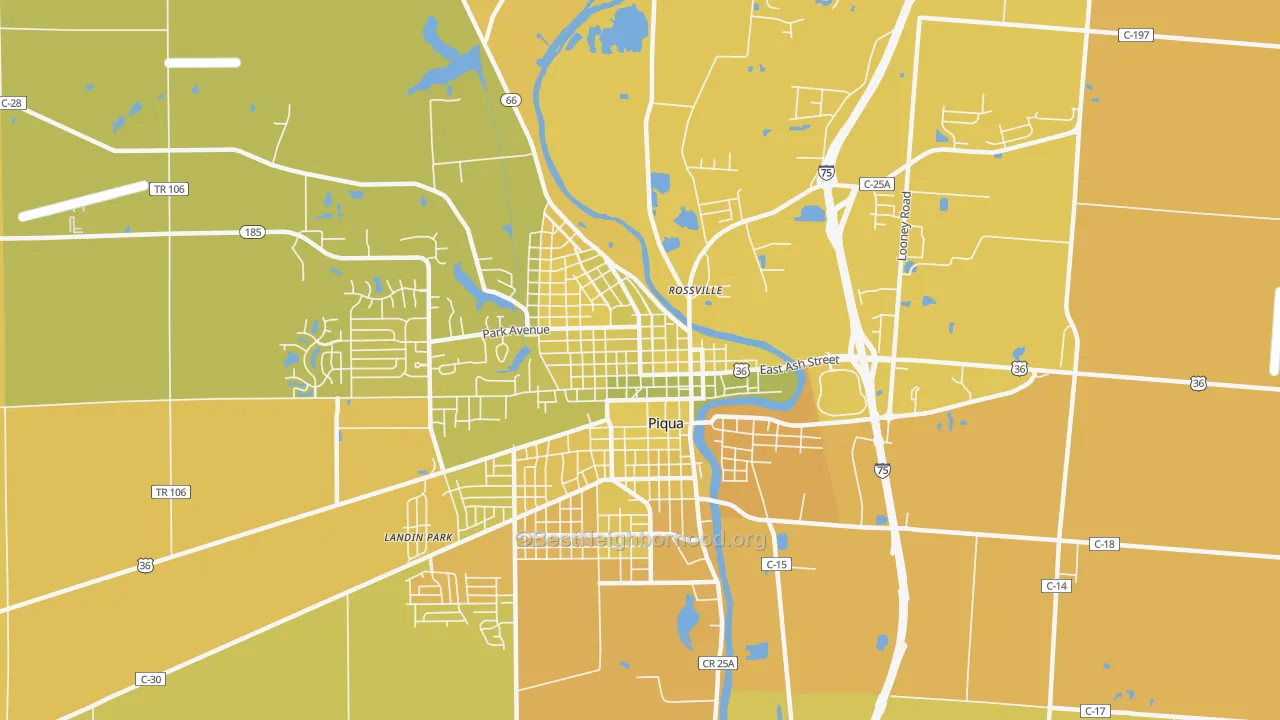 Map of the best neighborhoods in the Piqua Historic District, Piqua area, with better matches in green and worse matches in red