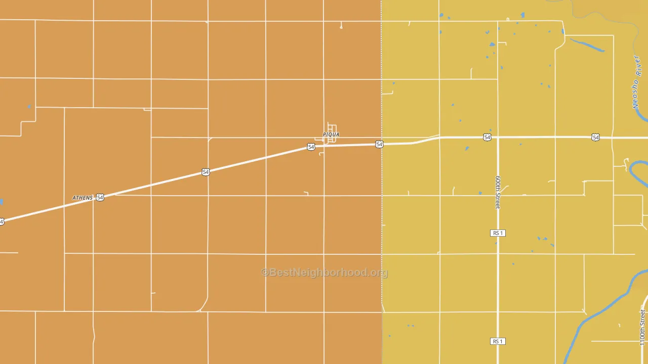 Map of the best neighborhoods in the Piqua area, with better matches in green and worse matches in red