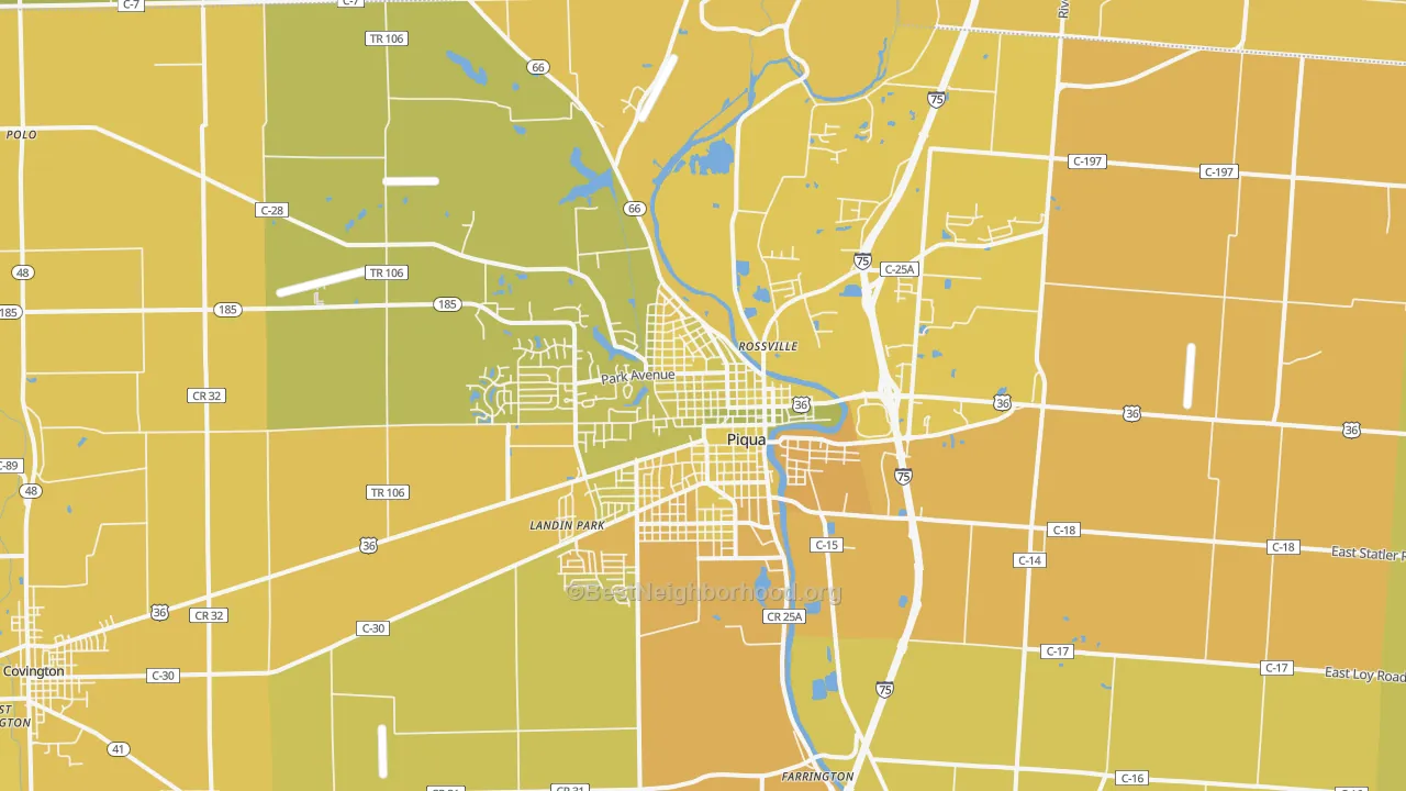 Map of the best neighborhoods in the Piqua area, with better matches in green and worse matches in red