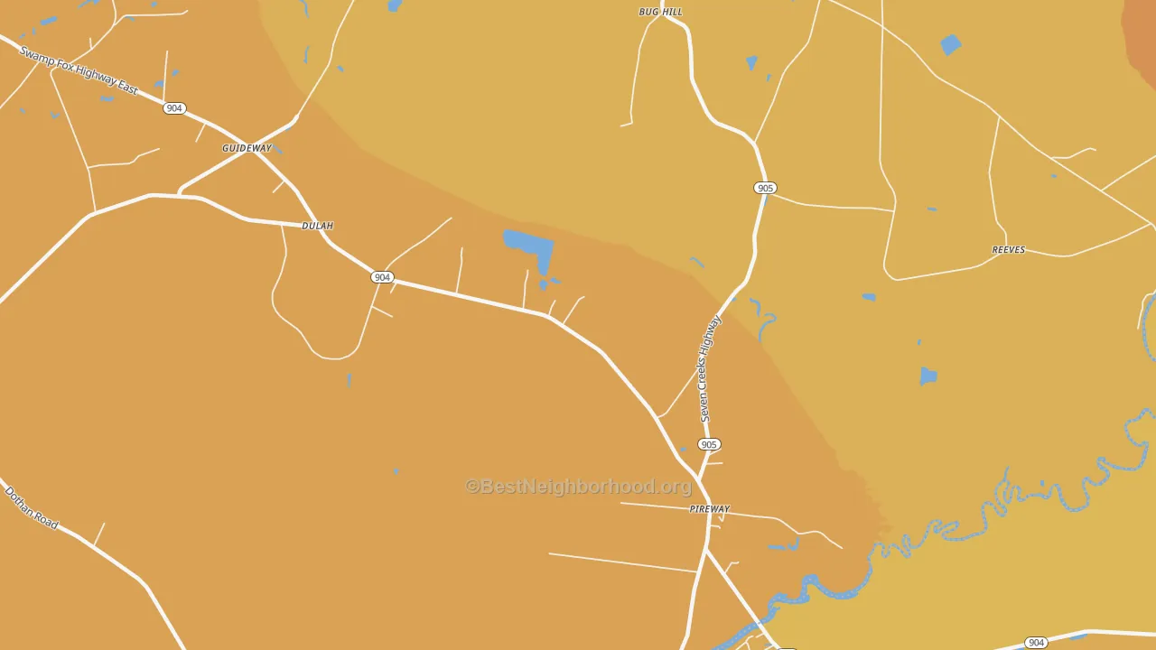 Map of the best neighborhoods in the Pireway area, with better matches in green and worse matches in red
