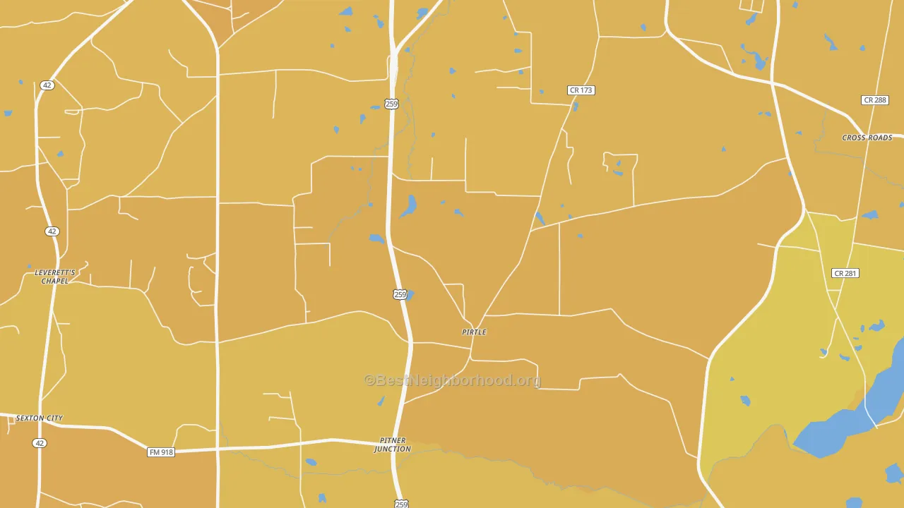 Map of the best neighborhoods in the Pirtle area, with better matches in green and worse matches in red