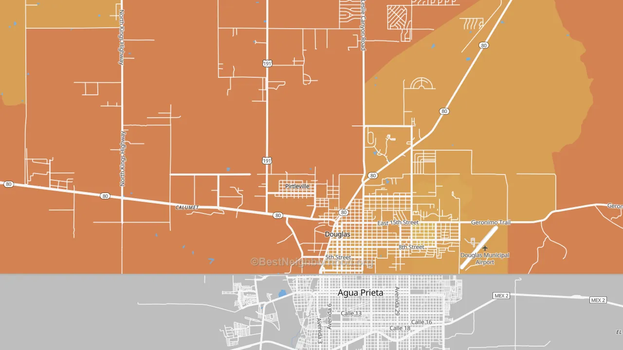 Map of the best neighborhoods in the Pirtleville area, with better matches in green and worse matches in red