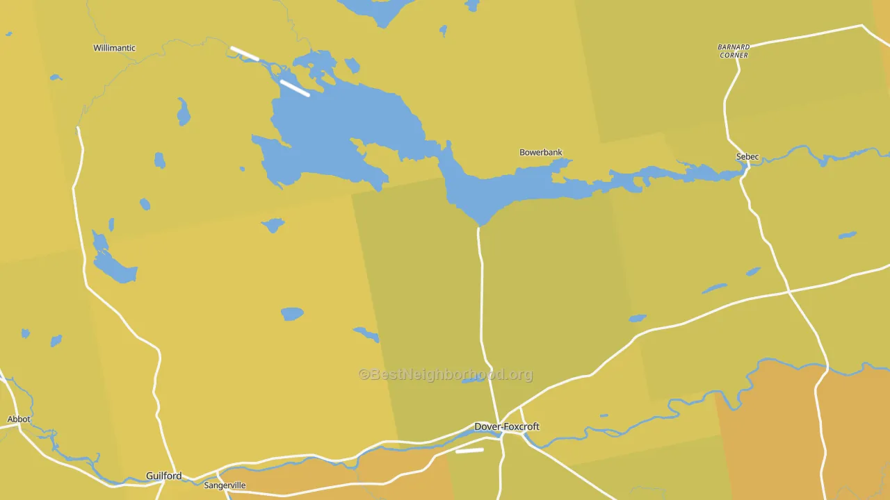 Map of the best neighborhoods in the Piscataquis County area, with better matches in green and worse matches in red