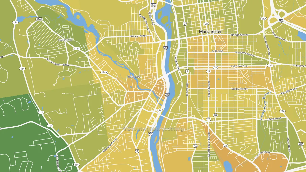 Map of the best neighborhoods in the Piscataquog, Manchester area, with better matches in green and worse matches in red