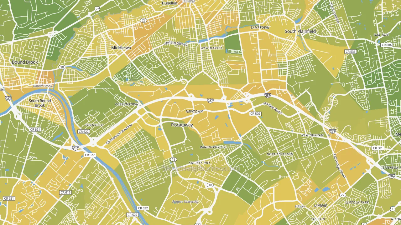 Map of the best neighborhoods in the Piscataway area, with better matches in green and worse matches in red