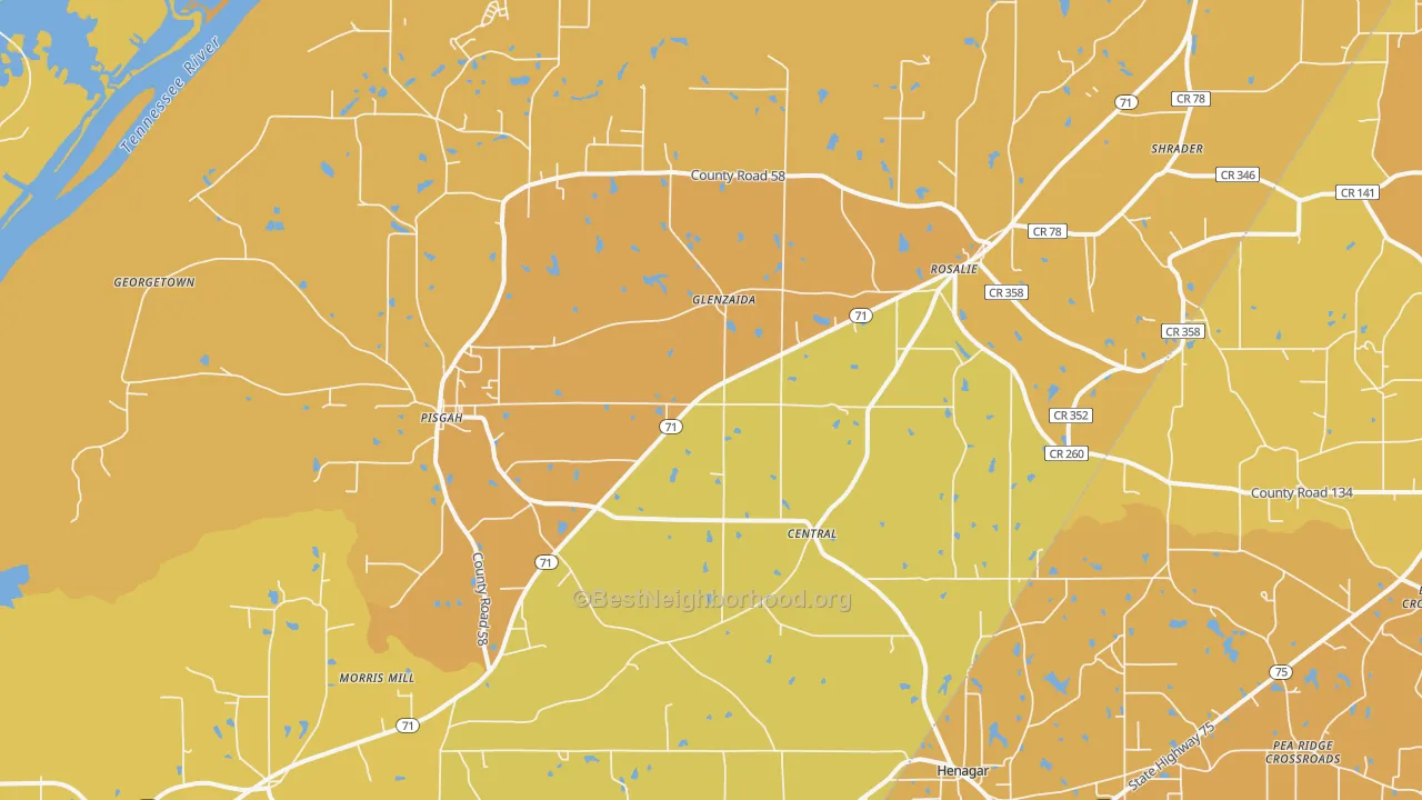 Map of the best neighborhoods in the Pisgah area, with better matches in green and worse matches in red
