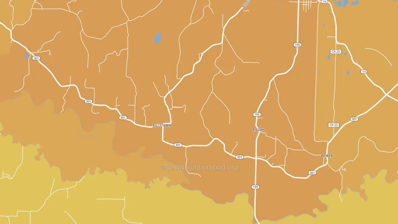 Map of the best neighborhoods in the Pisgah area, with better matches in green and worse matches in red