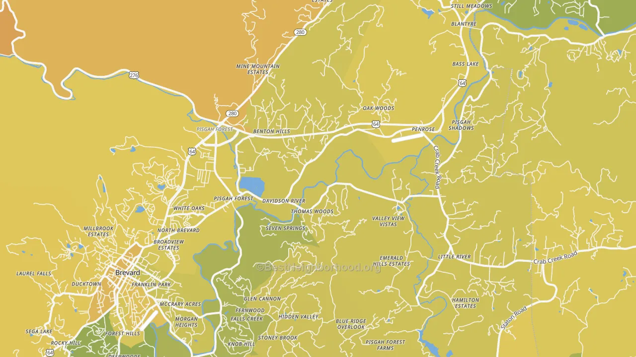 Map of the best neighborhoods in the Pisgah Forest area, with better matches in green and worse matches in red