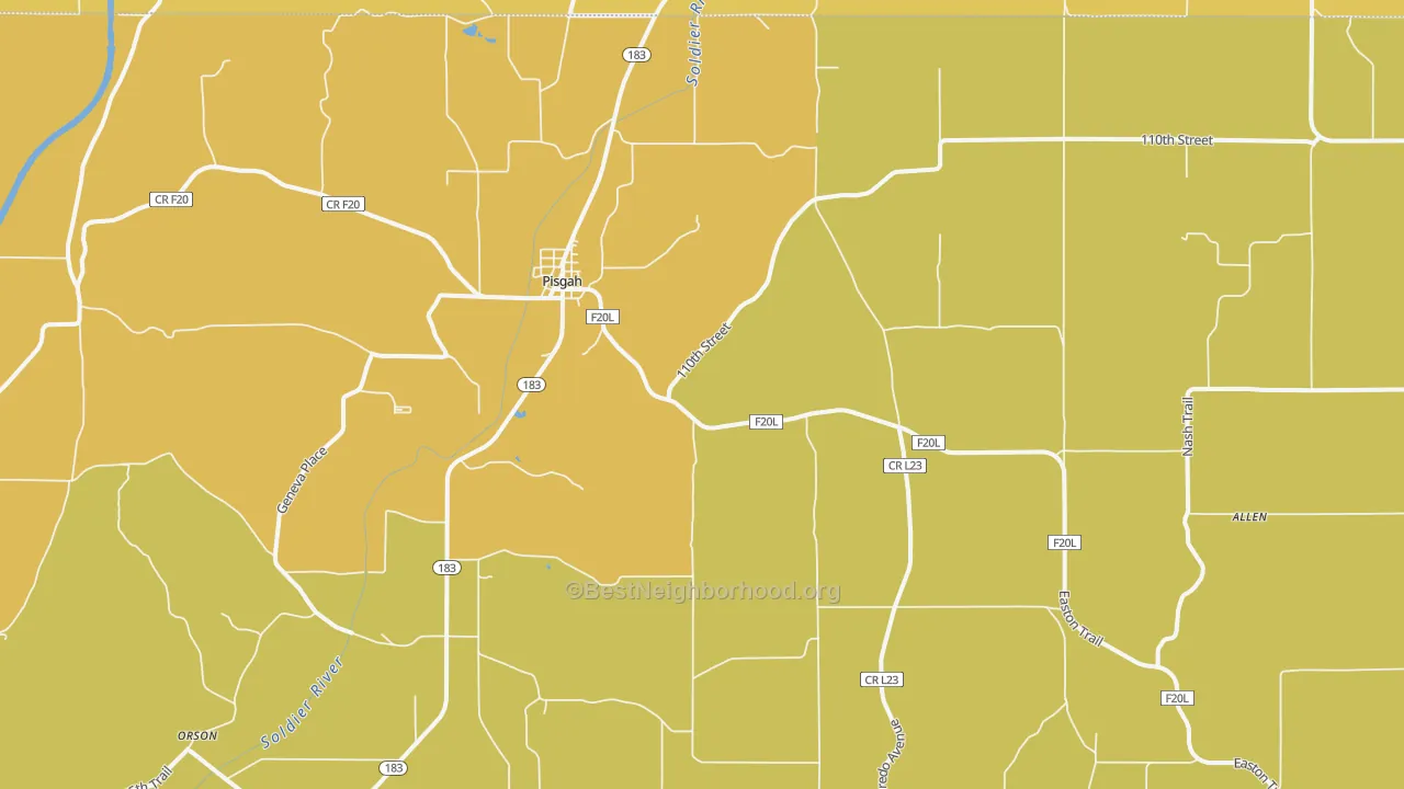 Map of the best neighborhoods in the Pisgah area, with better matches in green and worse matches in red