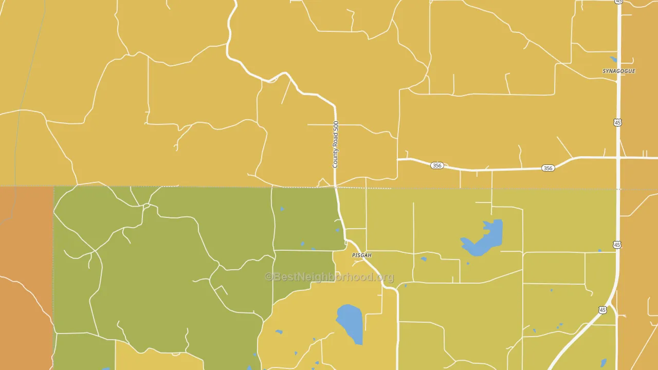 Map of the best neighborhoods in the Pisgah area, with better matches in green and worse matches in red