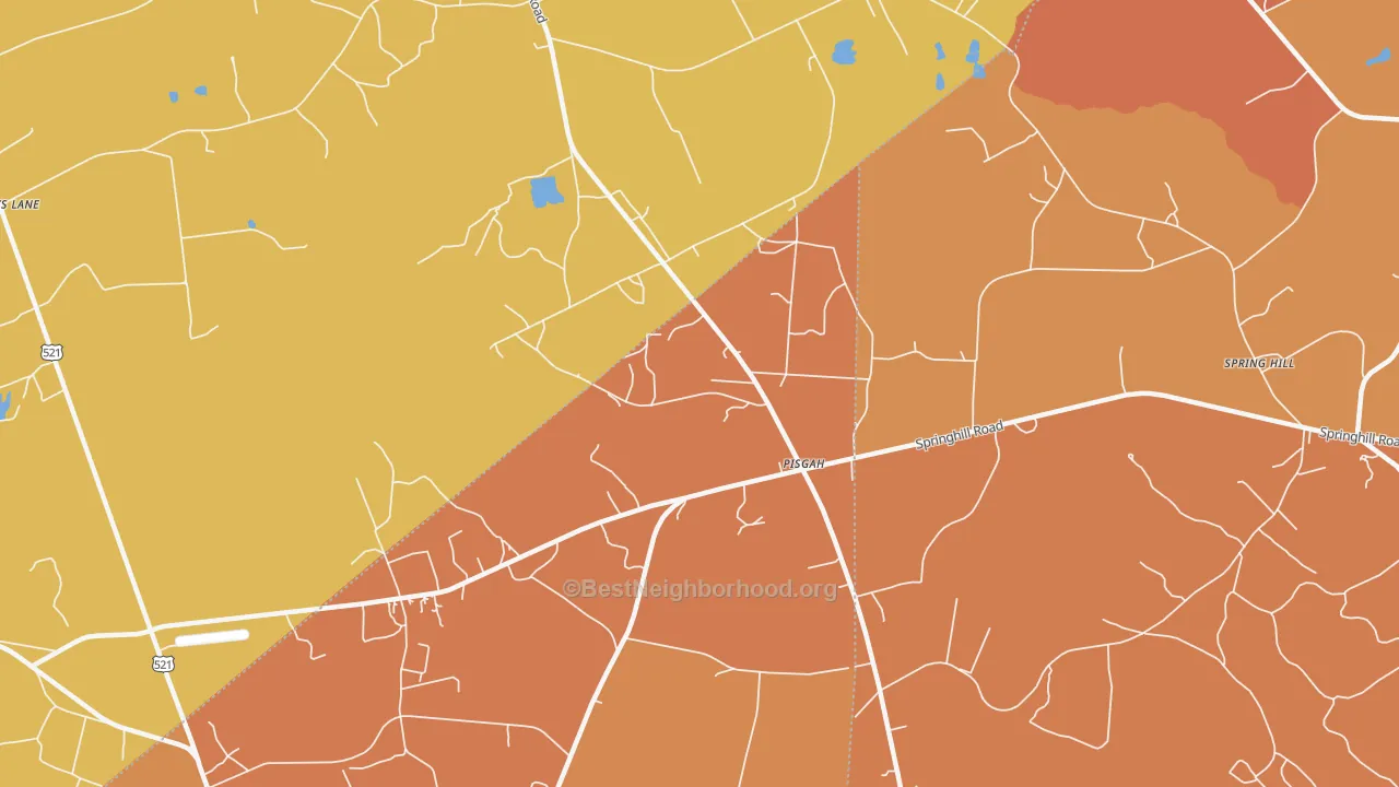 Map of the best neighborhoods in the Pisgah area, with better matches in green and worse matches in red