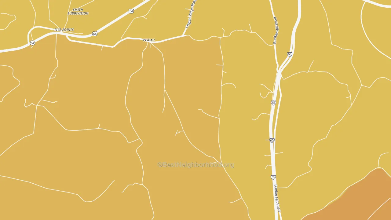 Map of the best neighborhoods in the Pisgah area, with better matches in green and worse matches in red