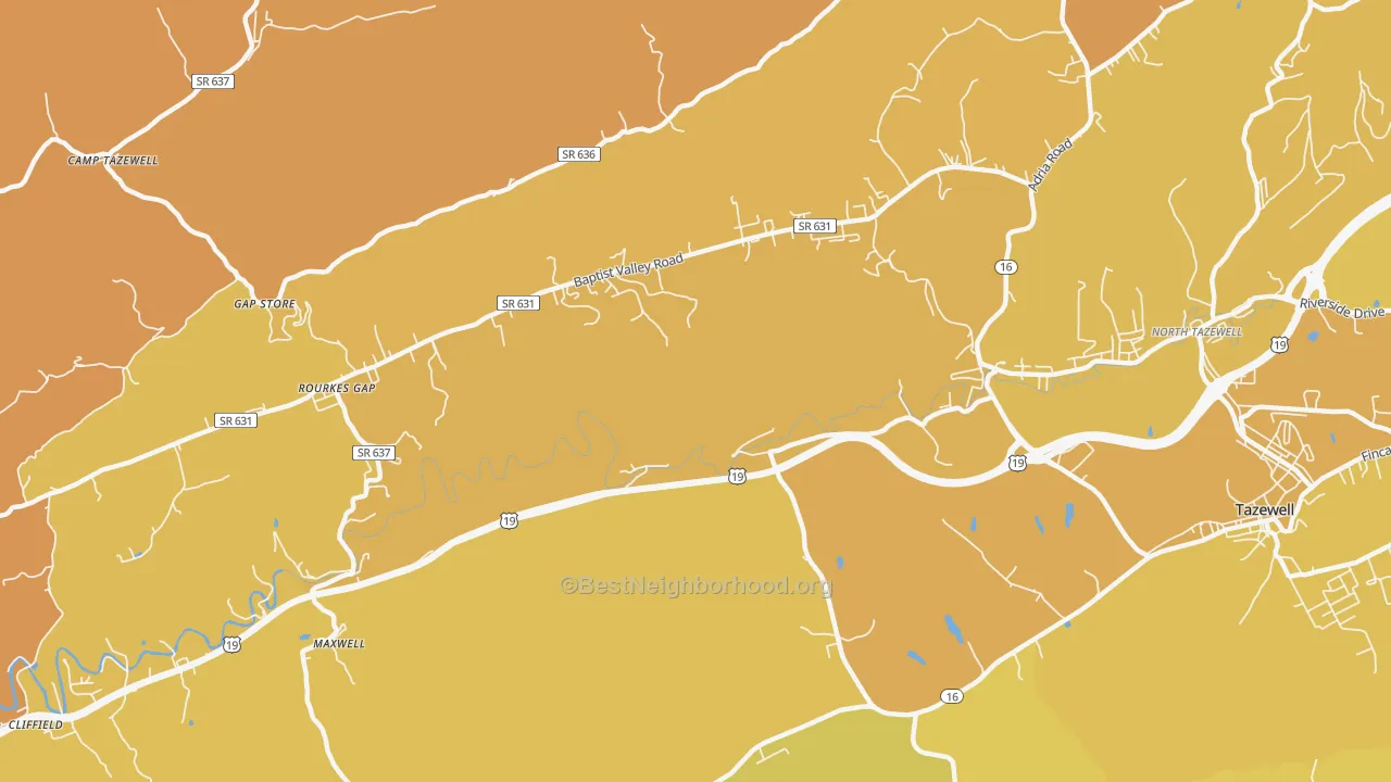 Map of the best neighborhoods in the Pisgah area, with better matches in green and worse matches in red