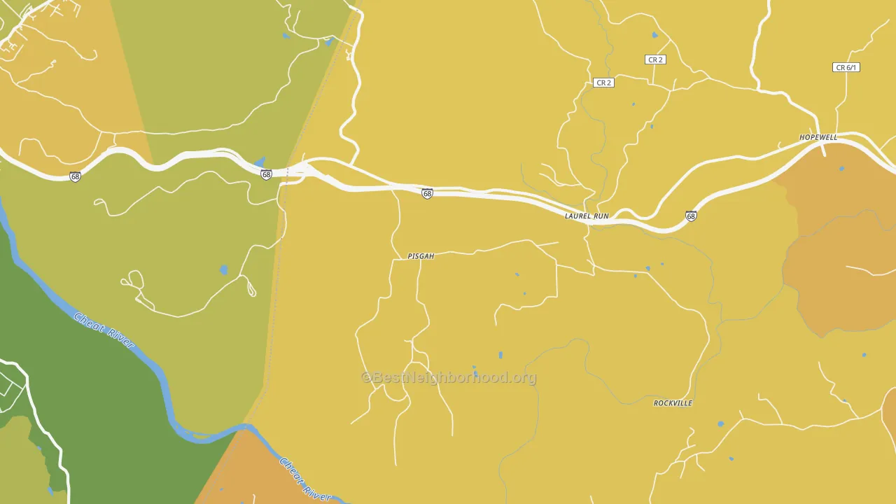 Map of the best neighborhoods in the Pisgah area, with better matches in green and worse matches in red