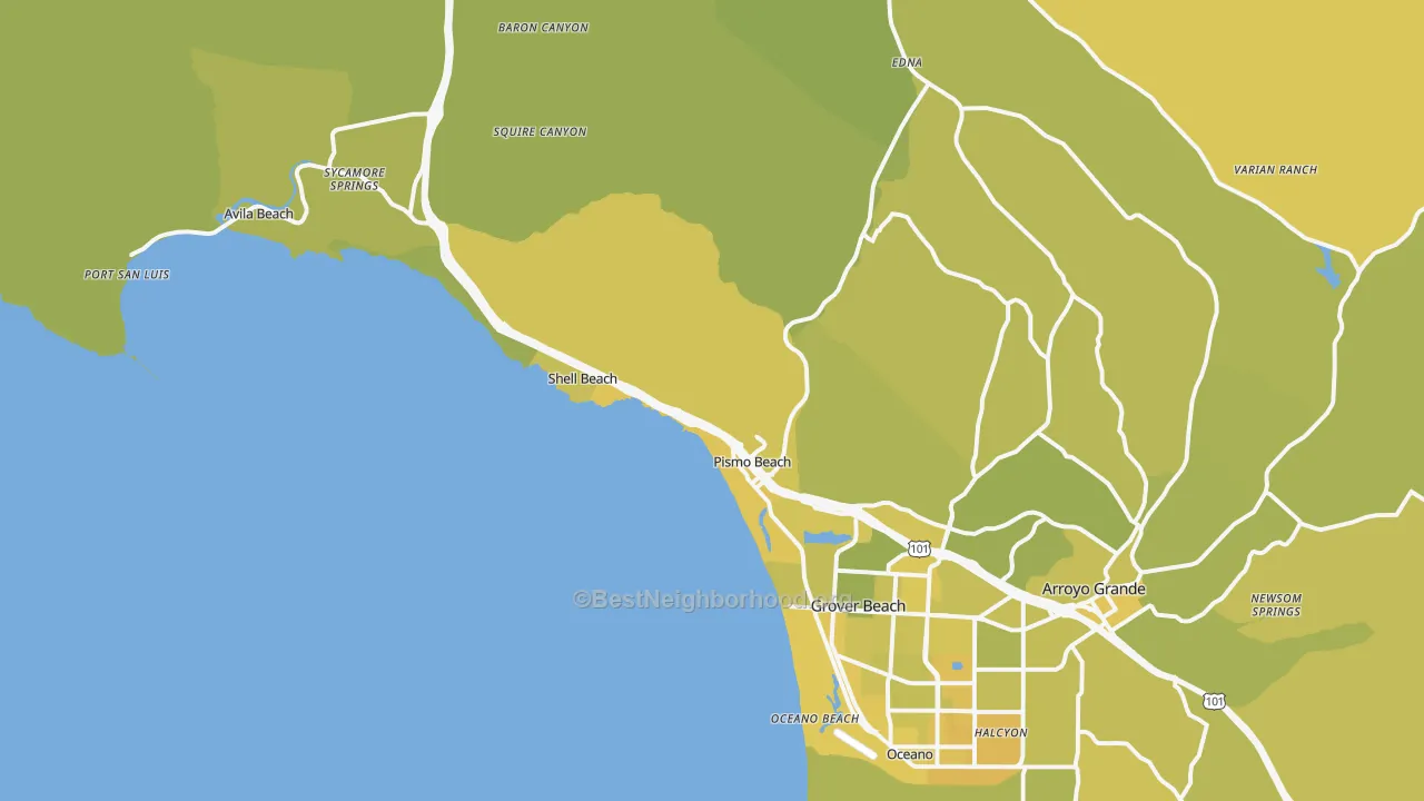 Map of the best neighborhoods in the Pismo Beach area, with better matches in green and worse matches in red