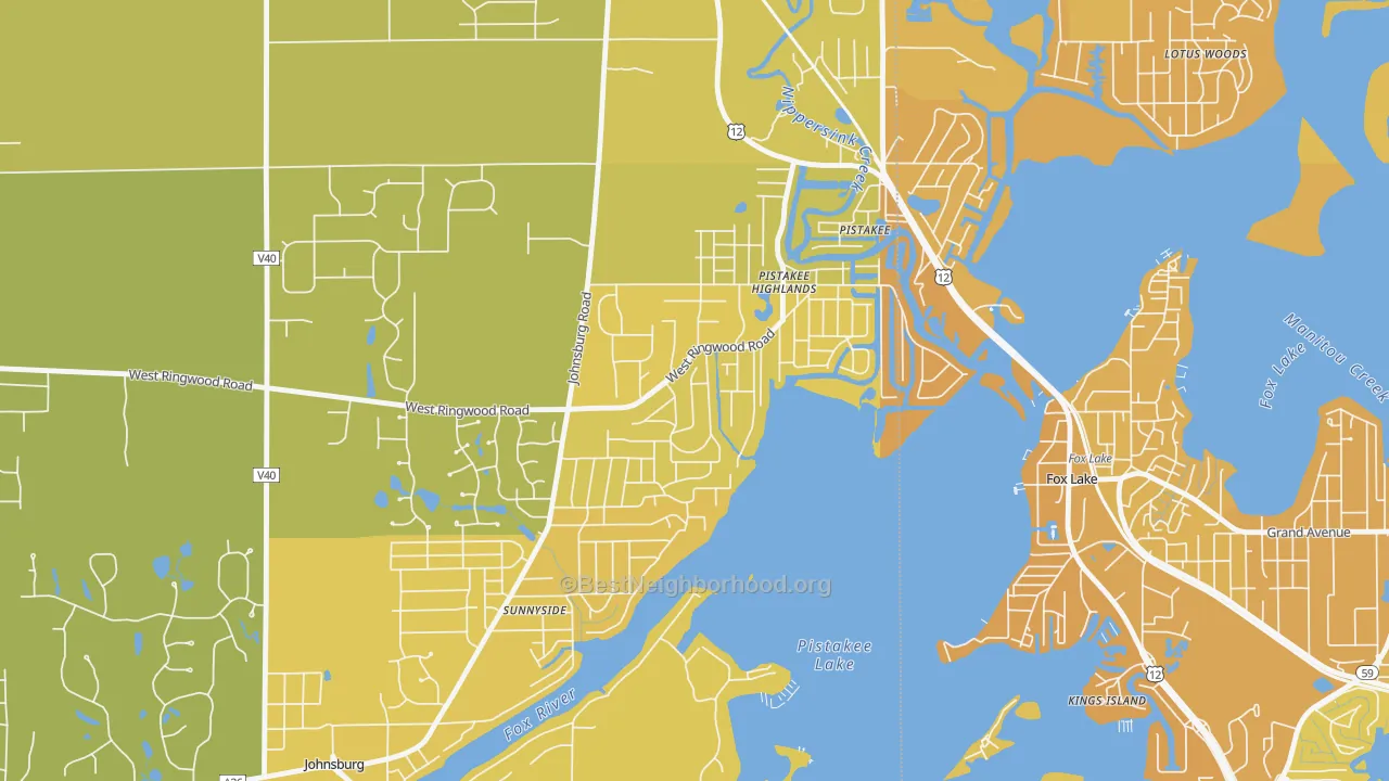 Map of the best neighborhoods in the Pistakee Highlands area, with better matches in green and worse matches in red
