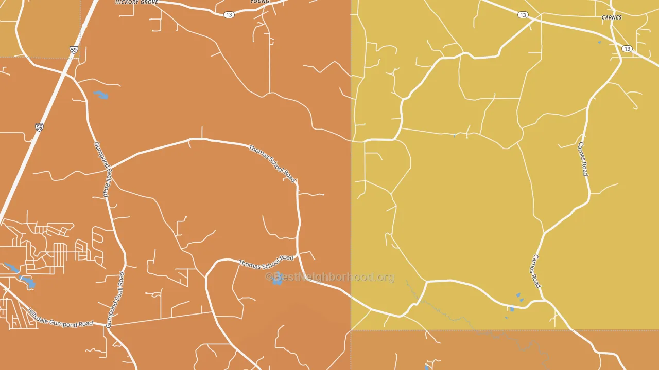 Map of the best neighborhoods in the Pistol Ridge area, with better matches in green and worse matches in red