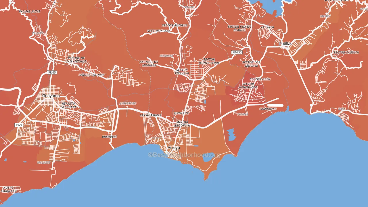 Map of the best neighborhoods in the Pitahaya area, with better matches in green and worse matches in red