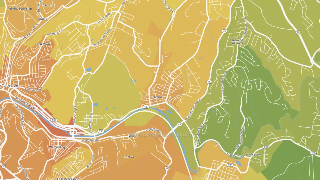 Map of the best neighborhoods in the Pitcairn area, with better matches in green and worse matches in red
