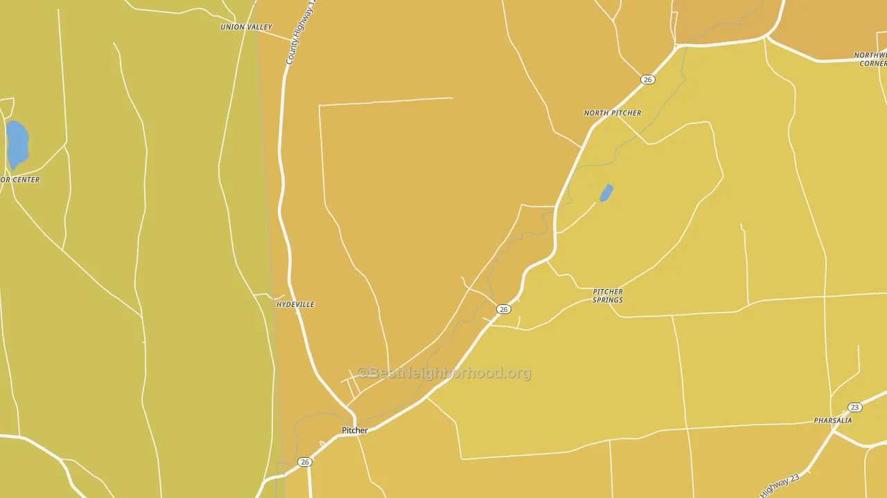 Map of the best neighborhoods in the Pitcher area, with better matches in green and worse matches in red